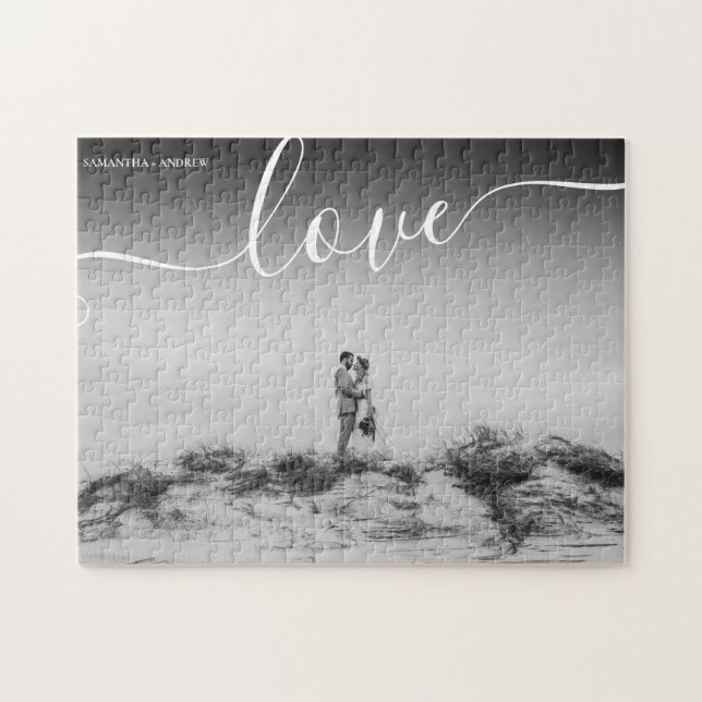 Love typography script black white wedding photo jigsaw puzzle (Horizontal)