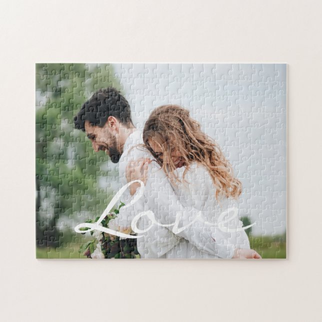 LOVE typography script custom wedding couple photo Jigsaw Puzzle (Horizontal)