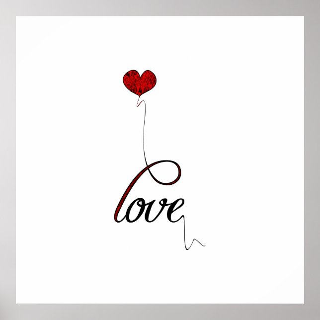 "Love" Typography with Red Heart Balloon Poster (Front)