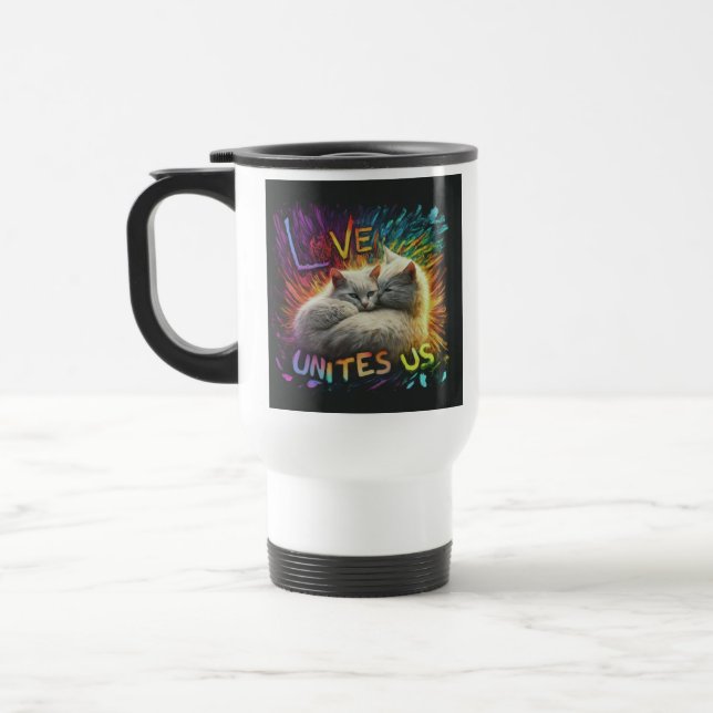 "Love Unites Us" Travel Coffee Mug. Travel Mug (Left)