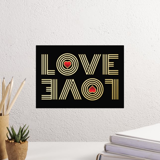 "LOVE" Upside down word and red hearts black Foil Prints (In Situ (Desk 3))