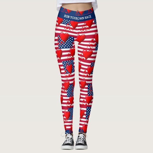 LOVE USA AMERICAN Flag Red Hearts RUN YOUR RACE Leggings (Front)