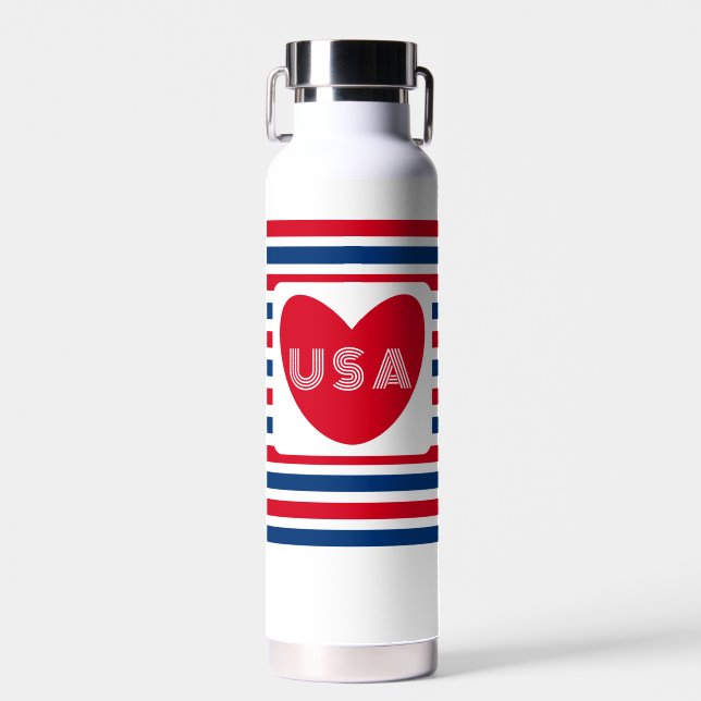 Love USA Red White and Blue Patriotic Heart Fun Wa Water Bottle (Front)