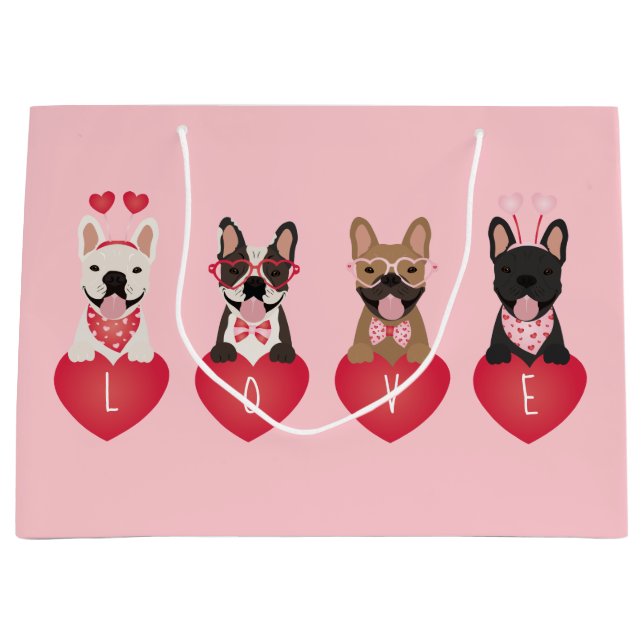 Love Valentine French Bulldogs Large Gift Bag (Front)