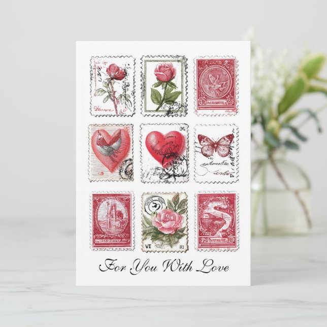 Love Valentine Postal Stamps Ephemera Collage Art Card (Standing Front)