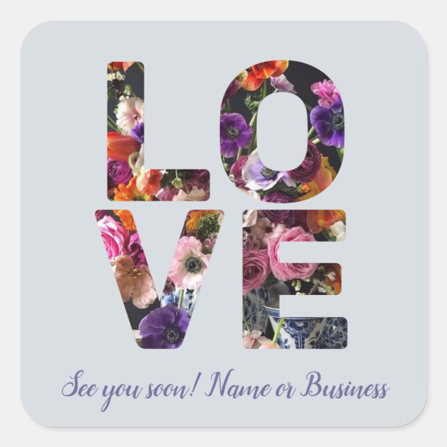 LOVE Valentine Theme Customisable Photo Floral Square Sticker (Front)