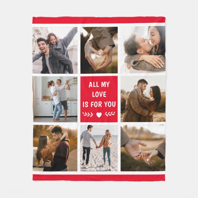 Love Valentine's Day 8 Photo Collage Red Fleece Blanket (Front)