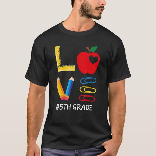 LOVE Valentines Day Apple Crayon 5th Grade Teacher T-Shirt (Front)