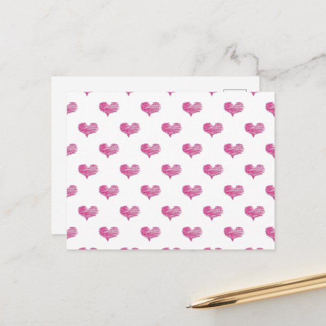 Love Valentine's Day Hot Pink Heart Sketch Postcard (Front/Back In Situ)