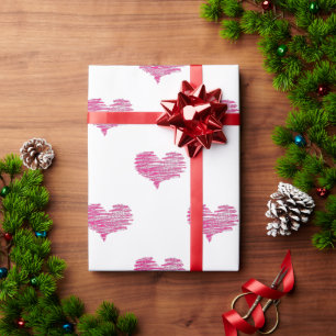 Love Valentine's Day Hot Pink Heart Sketch Wrapping Paper