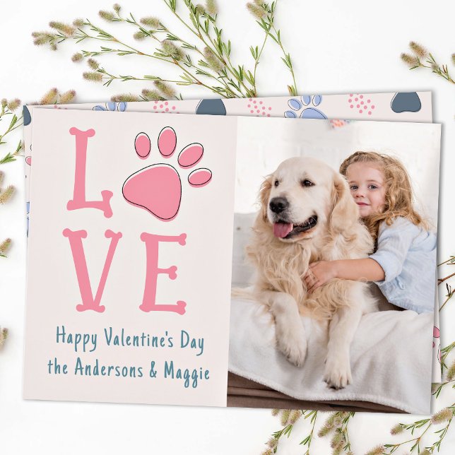LOVE Valentines Day Paw Print Custom Pet Dog Photo Holiday Card (Creator Uploaded)