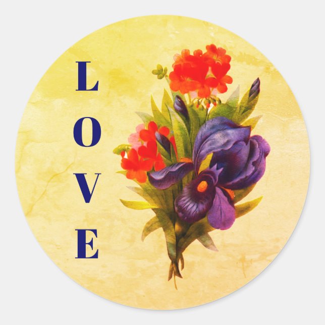 Love Vintage Iris Flower Bouquet Classic Round Sticker (Front)