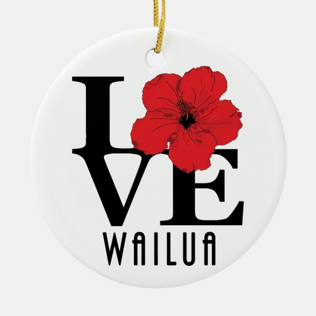LOVE Wailua Hawaii Red Hibiscus Ceramic Tree Decoration (Front)