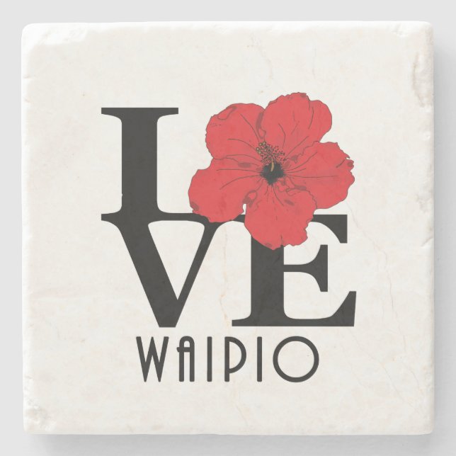 LOVE Waipio Hawaii Red Hibiscus  Stone Coaster (Front)
