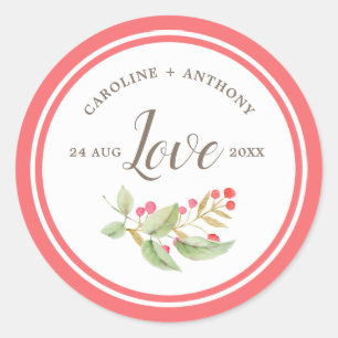 Love. Watercolor Berry Branch Wedding Classic Round Sticker