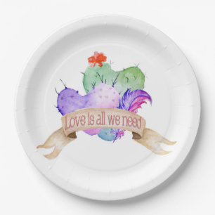Love Watercolor Cacti Paper Plate