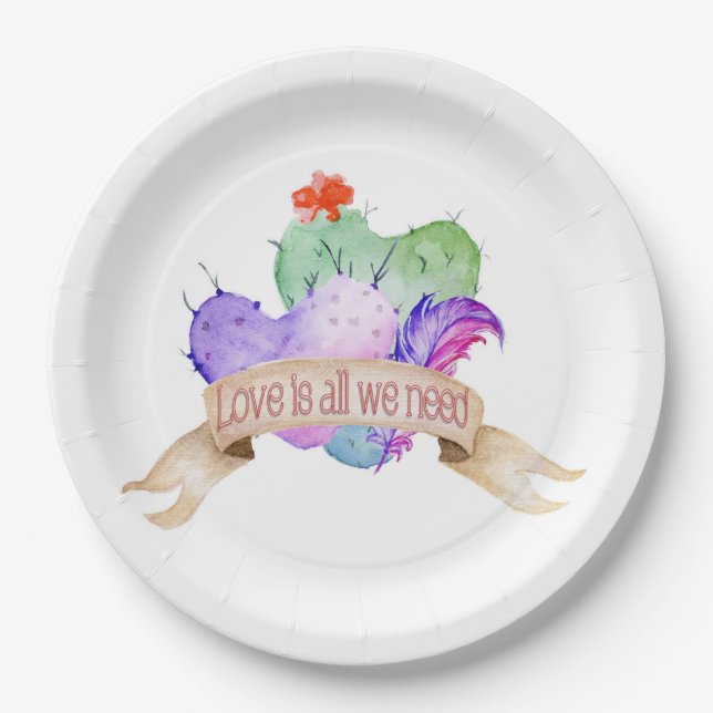 Love Watercolor Cacti Paper Plate (Front)