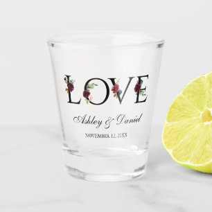 Love Watercolor Floral Burgundy Blue Wedding Shot Glass