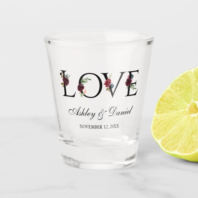 Love Watercolor Floral Burgundy Blue Wedding Shot Glass (Front)