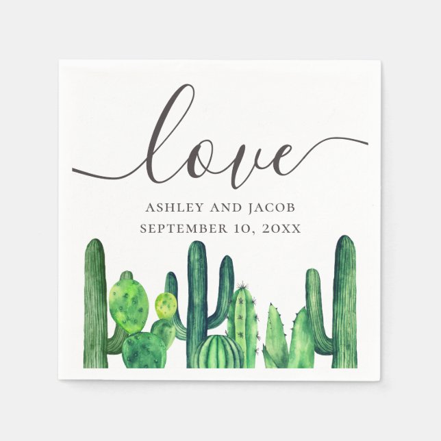 Love. Watercolor green cactus. Botanical wedding Napkin (Front)