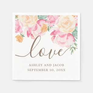 Love. Watercolor pink and peach floral wedding  Napkin