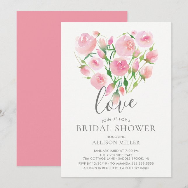 Love Watercolor Pink Floral Heart Bridal Shower Invitation (Front/Back)