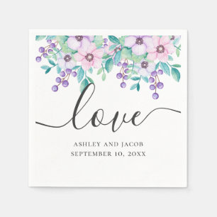 Love. Watercolor purple and pink floral wedding Napkin