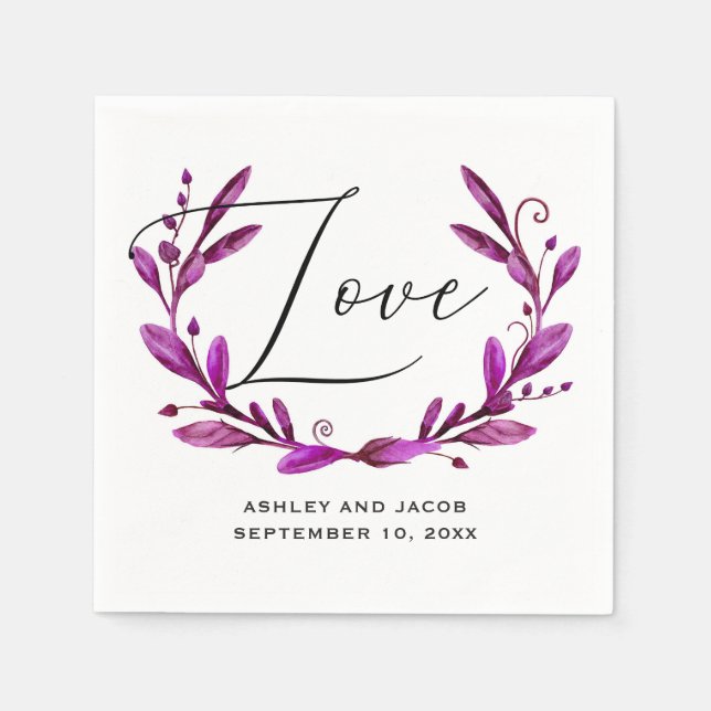 Love. Watercolor purple floral script wedding Napkin (Front)