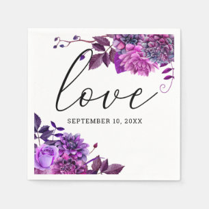 Love. Watercolor purple floral script wedding  Napkin