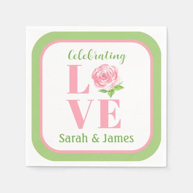 LOVE Watercolor Rose NAME Bridal Green Napkin (Front)