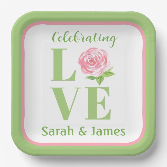 LOVE Watercolor Rose NAME Bridal Green Pink Paper Plate (Front)