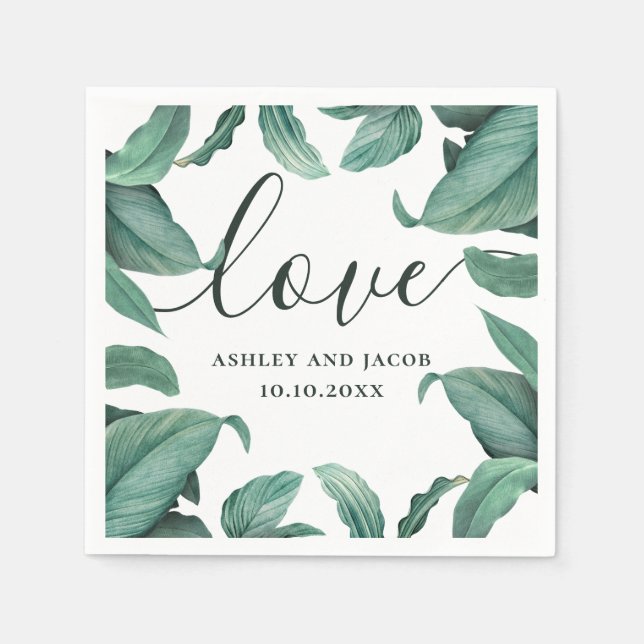 Love. Watercolor tropical greenery script wedding Napkin (Front)
