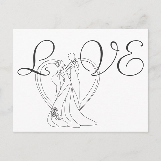 LOVE Wedding Couple and Heart Black and White Postcard (Front)