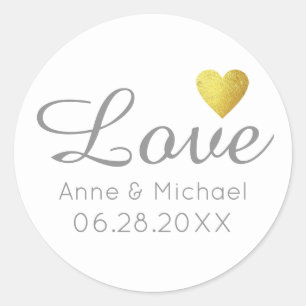 love wedding date with faux gold heart on white classic round sticker