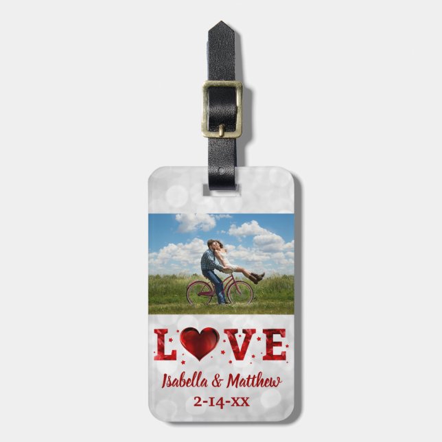Love Wedding Honeymoon Red Heart Photo Luggage Tag (Front Vertical)