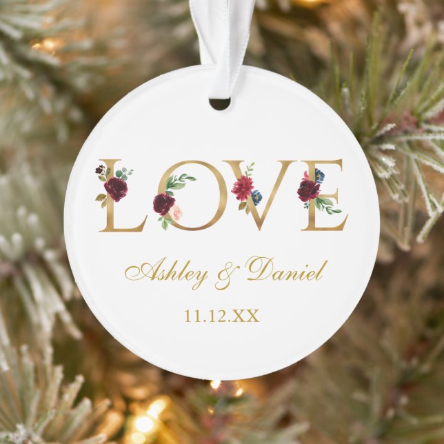 Love Wedding Names Date Gold Burgundy Floral Ornament (Tree)