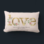 Love Wedding Personalised Names Watercolor Floral Lumbar Cushion<br><div class="desc">Personalised pillow features word art letters in a golden tone with blush and white flowers paired with your names and wedding date.  Elegant to use for your wedding reception or as a bridal shower or wedding gift for a special couple.  Copyright,  Audrey Jeanne Roberts.</div>