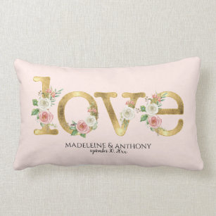 Love Wedding Personalised Names Watercolor Floral Lumbar Cushion
