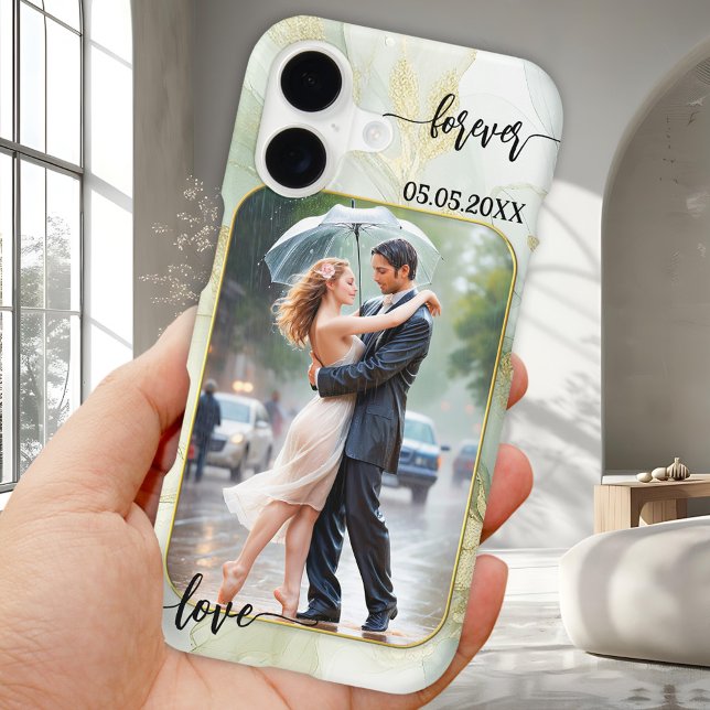 Love Wedding Script Photo Phone Case (Wedding phone case featuring your photo on a green gold boho chic abstract design with script texts)