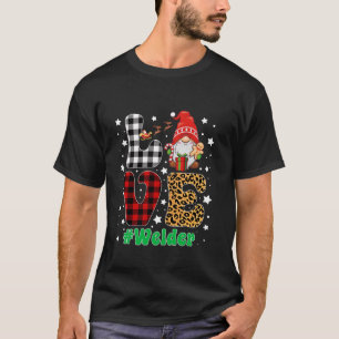 Love Welder Gnome Christmas Leopard Plaid Xmas Paj T-Shirt
