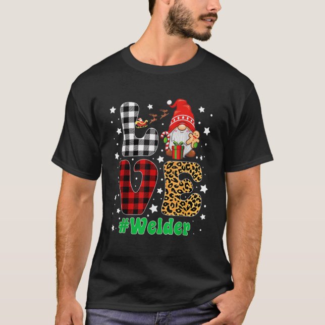 Love Welder Gnome Christmas Leopard Plaid Xmas Paj T-Shirt (Front)