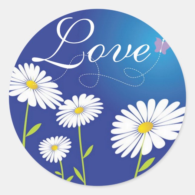Love White Daisies Flowers & Blue Butterfly Classic Round Sticker (Front)