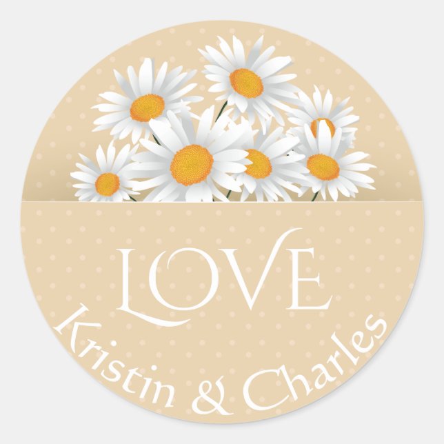 Love White Daisies Tan Polka Dot Personalised Classic Round Sticker (Front)