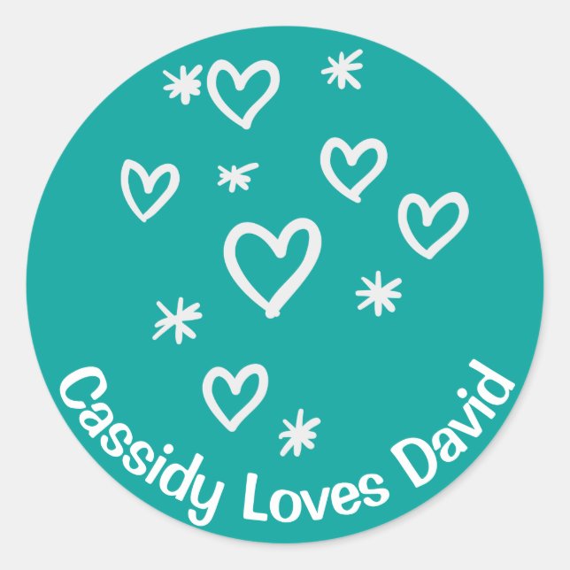 Love White Hearts Teal Blue Personalised Wedding Classic Round Sticker (Front)