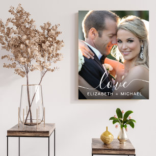 Love White Script Photo Overlay Wedding Faux Canvas Print