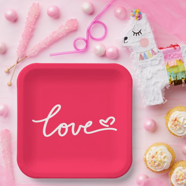 Love white text on pink  paper plate (Party)