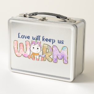 Love Will Keep Us Warm    Adorable Unicorn Winter Metal Lunch Box