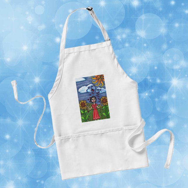 Love Will Make You Grow Standard Apron (Lady with sunflowers yellow sun with face clouds raining red hearts on kitchen apron.)