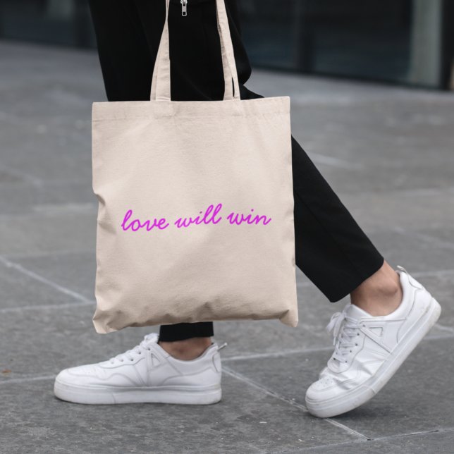 Love Will Win | Neon Pink Modern Minimalist Slogan Tote Bag (Creator Uploaded)