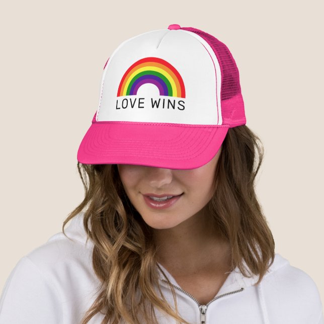 Love Wins Rainbow Colours LGBTQ Pride Month Trucker Hat (In Situ)